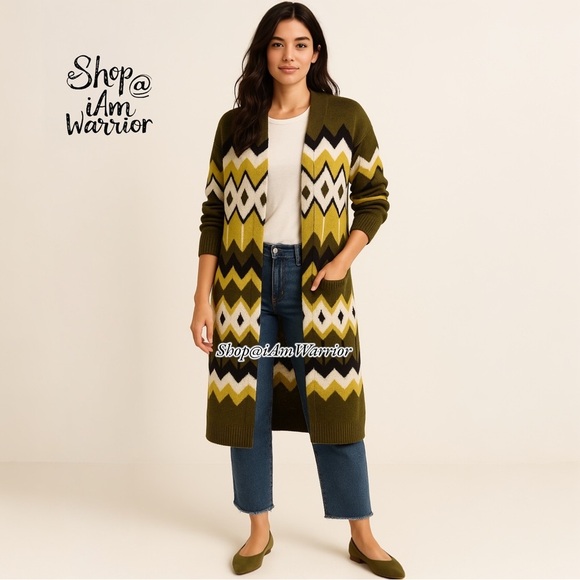 Scoop olive/chartreuse chevron long sweater duster cardigan *shop@iamwarrior - Picture 2 of 11